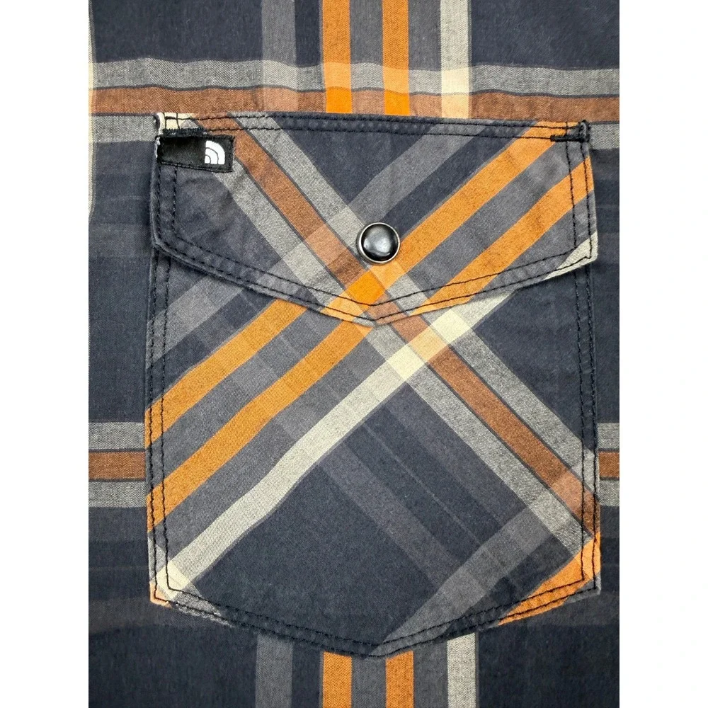 The North Face Mens M Plaid Western Snap Short Sleeve Shirt Black Gray Orange